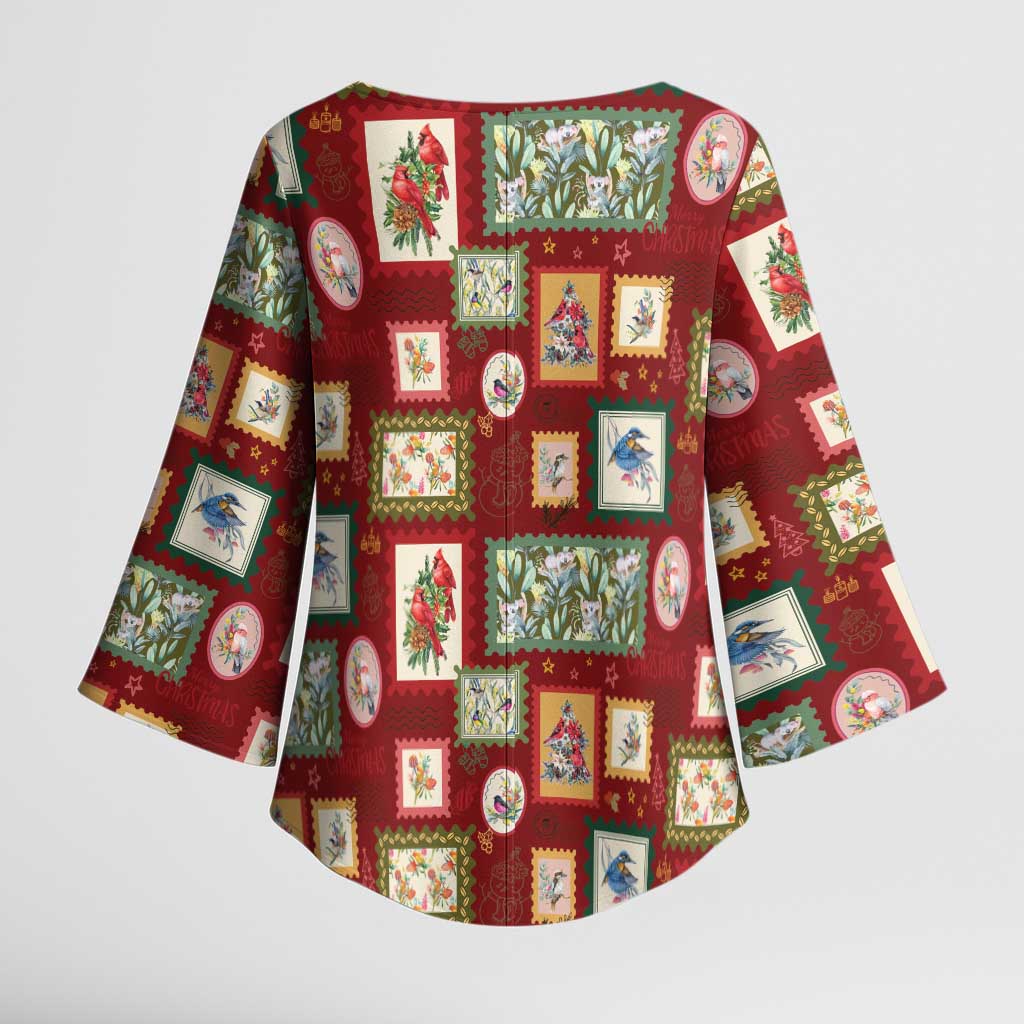 Aussie Birds Christmas La La Land Kimono Sleeve Blouse Red Vintage Stamp Edition - Aussie Hoodie