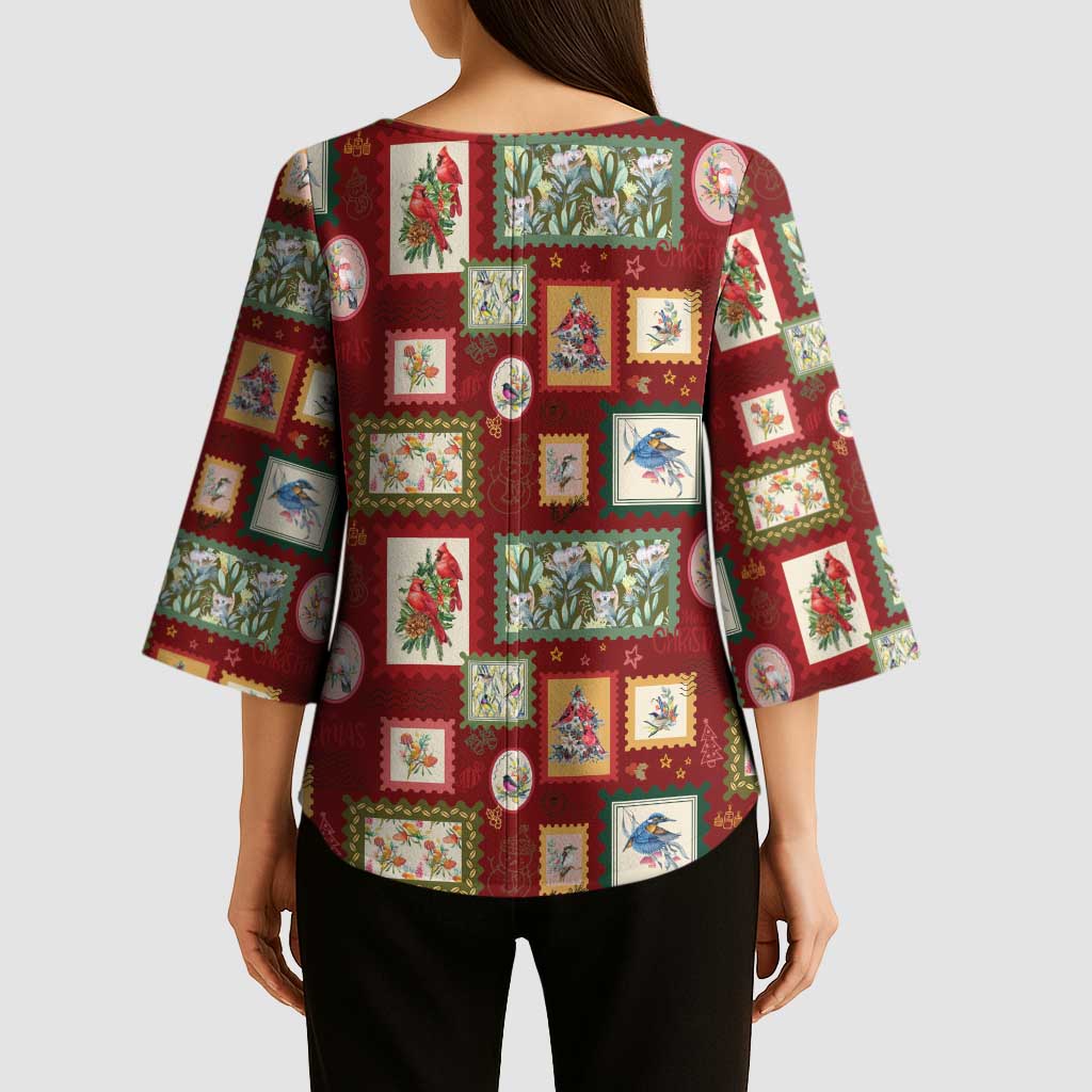 Aussie Birds Christmas La La Land Kimono Sleeve Blouse Red Vintage Stamp Edition - Aussie Hoodie