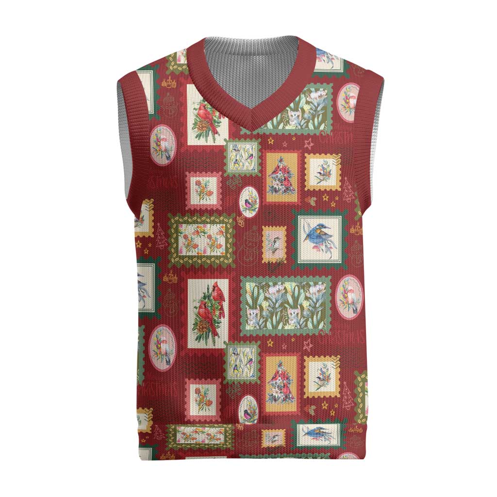 Aussie Birds Christmas La La Land Christmas Knitted V-Neck Vest Red Vintage Stamp Edition - Aussie Hoodie