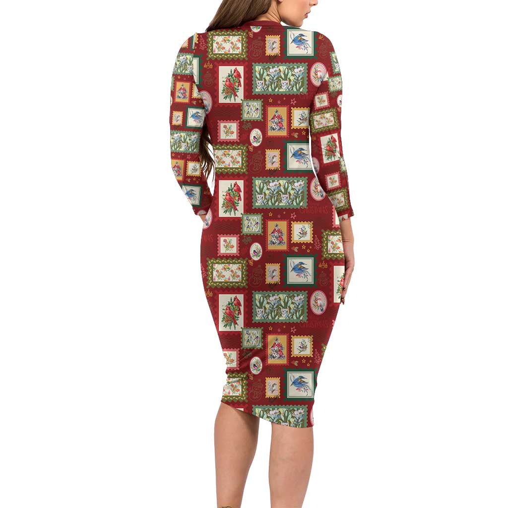 Aussie Birds Christmas La La Land Long Sleeve Bodycon Dress Red Vintage Stamp Edition - Aussie Hoodie