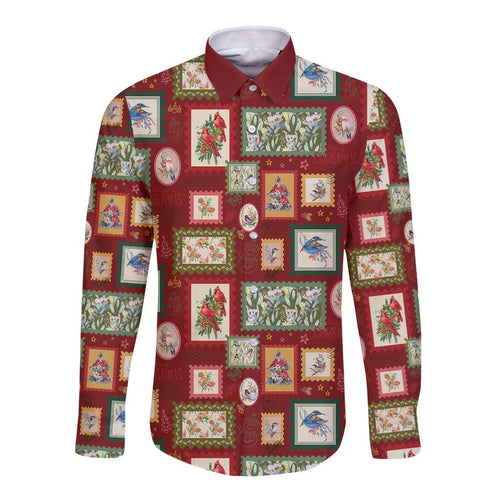 Aussie Birds Christmas La La Land Long Sleeve Button Shirt Red Vintage Stamp Edition - Aussie Hoodie