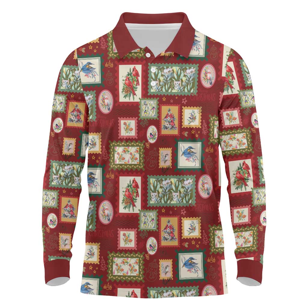 Aussie Birds Christmas La La Land Long Sleeve Polo Shirt Red Vintage Stamp Edition - Aussie Hoodie