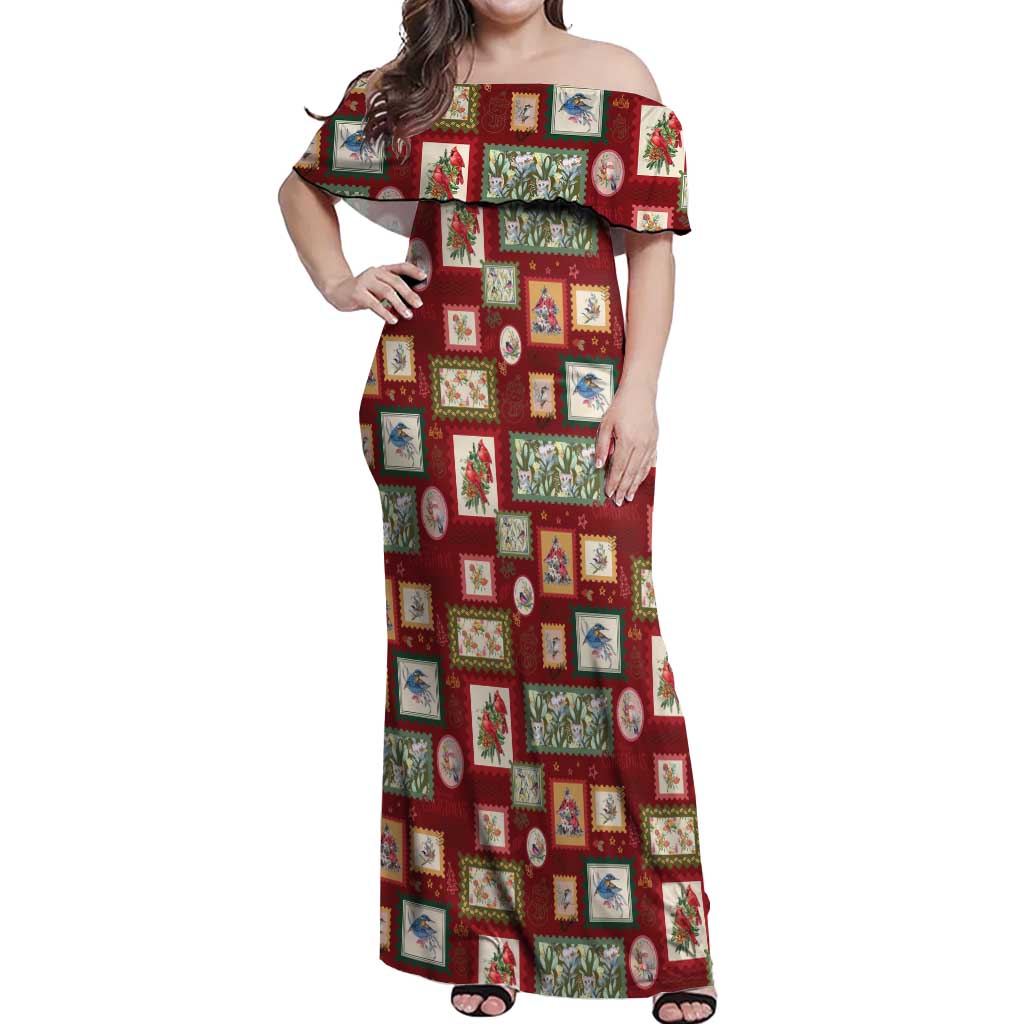 Aussie Birds Christmas La La Land Off Shoulder Maxi Dress Red Vintage Stamp Edition - Aussie Hoodie