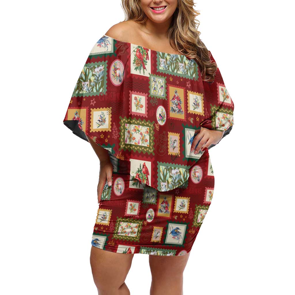 Aussie Birds Christmas La La Land Off Shoulder Short Dress Red Vintage Stamp Edition - Aussie Hoodie