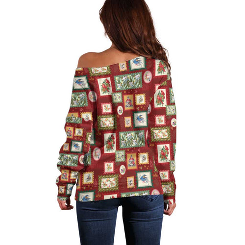 Aussie Birds Christmas La La Land Off Shoulder Sweater Red Vintage Stamp Edition - Aussie Hoodie