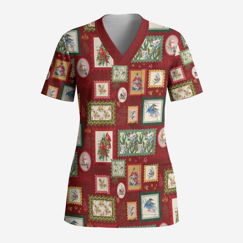 Aussie Birds Christmas La La Land Scrub Top Red Vintage Stamp Edition - Aussie Hoodie