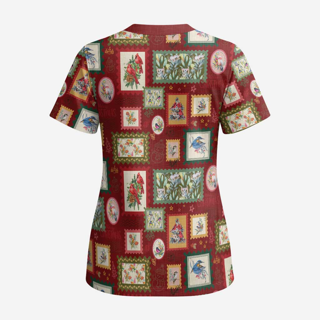 Aussie Birds Christmas La La Land Scrub Top Red Vintage Stamp Edition - Aussie Hoodie