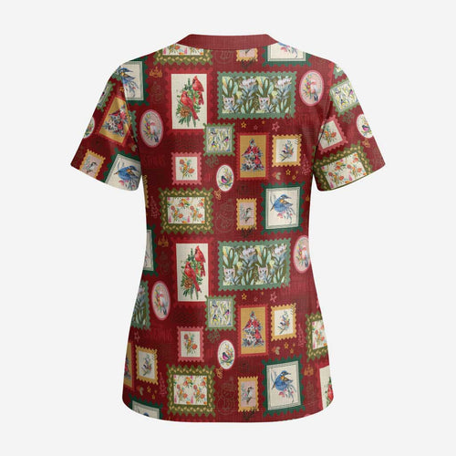Aussie Birds Christmas La La Land Scrub Top Red Vintage Stamp Edition - Aussie Hoodie