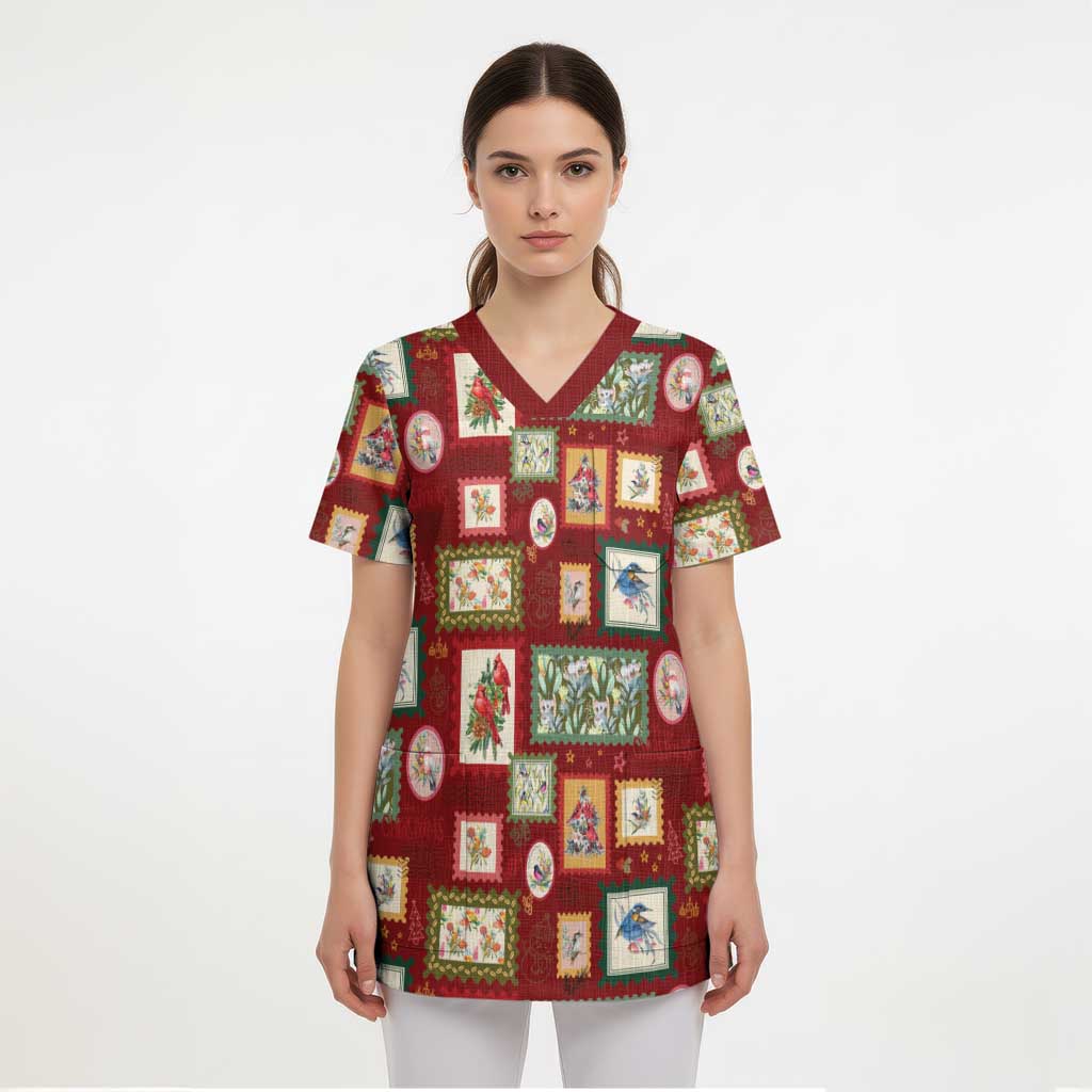 Aussie Birds Christmas La La Land Scrub Top Red Vintage Stamp Edition - Aussie Hoodie