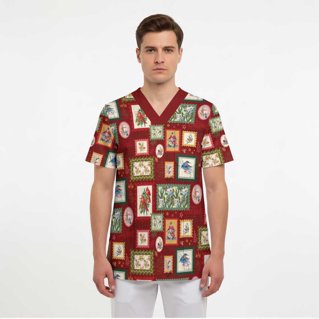 Aussie Birds Christmas La La Land Scrub Top Red Vintage Stamp Edition - Aussie Hoodie