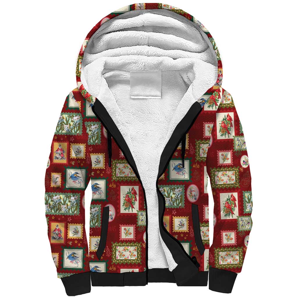 Aussie Birds Christmas La La Land Sherpa Hoodie Red Vintage Stamp Edition - Aussie Hoodie