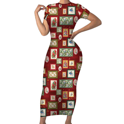 Aussie Birds Christmas La La Land Short Sleeve Bodycon Dress Red Vintage Stamp Edition - Aussie Hoodie