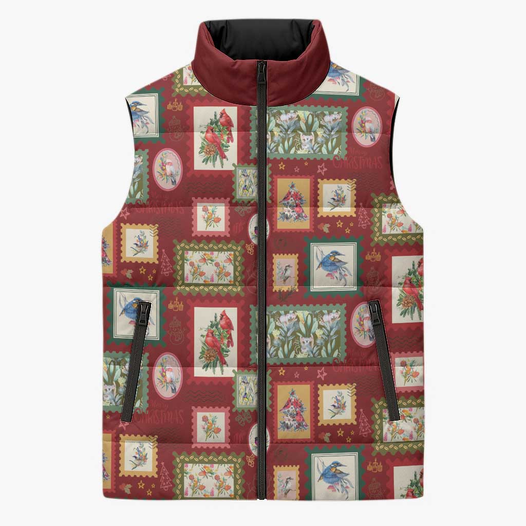 Aussie Birds Christmas La La Land Sleeveless Puffer Jacket Red Vintage Stamp Edition - Aussie Hoodie