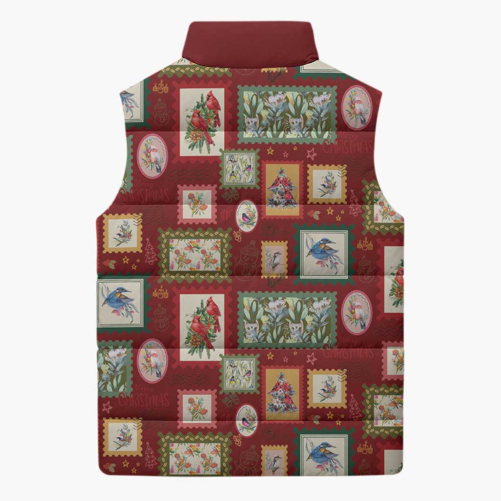Aussie Birds Christmas La La Land Sleeveless Puffer Jacket Red Vintage Stamp Edition - Aussie Hoodie