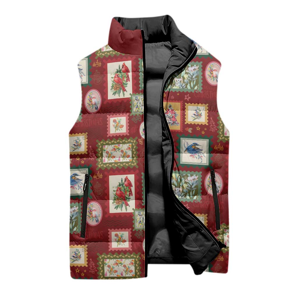 Aussie Birds Christmas La La Land Sleeveless Puffer Jacket Red Vintage Stamp Edition - Aussie Hoodie