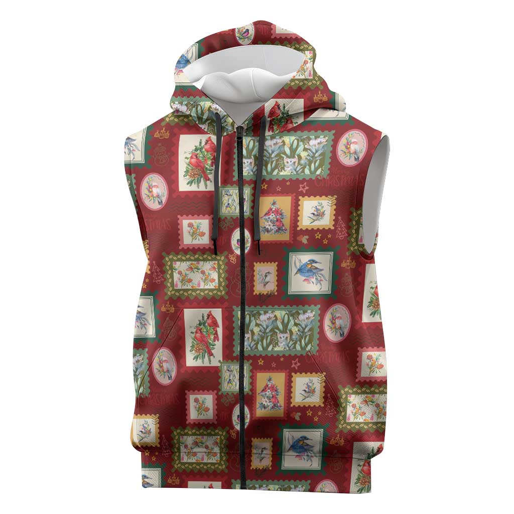 Aussie Birds Christmas La La Land Sleeveless Zip Hoodie Red Vintage Stamp Edition LT9