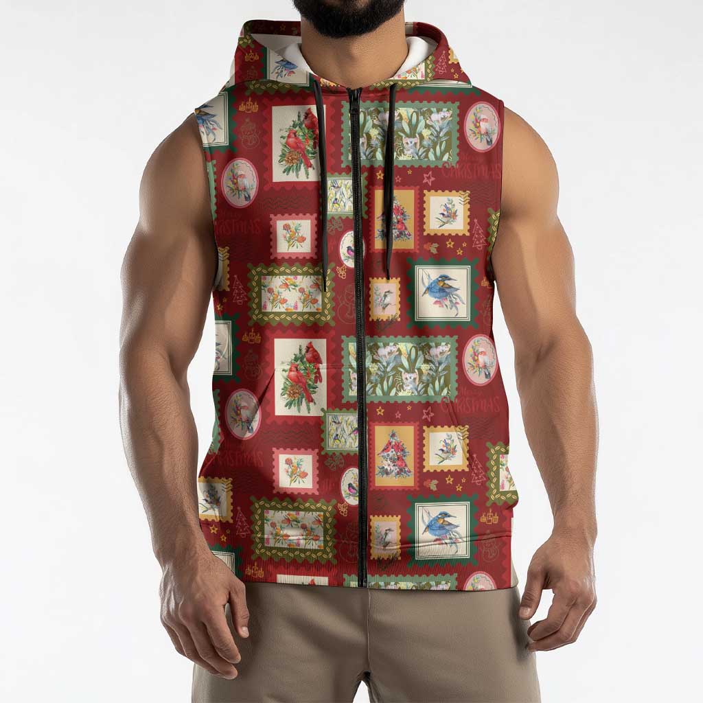 Aussie Birds Christmas La La Land Sleeveless Zip Hoodie Red Vintage Stamp Edition LT9