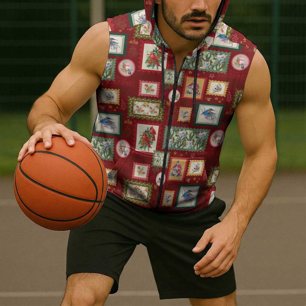 Aussie Birds Christmas La La Land Sleeveless Zip Hoodie Red Vintage Stamp Edition LT9