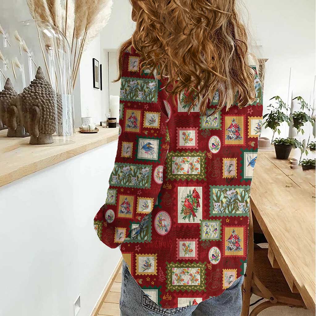 Aussie Birds Christmas La La Land Women Casual Shirt Red Vintage Stamp Edition - Aussie Hoodie