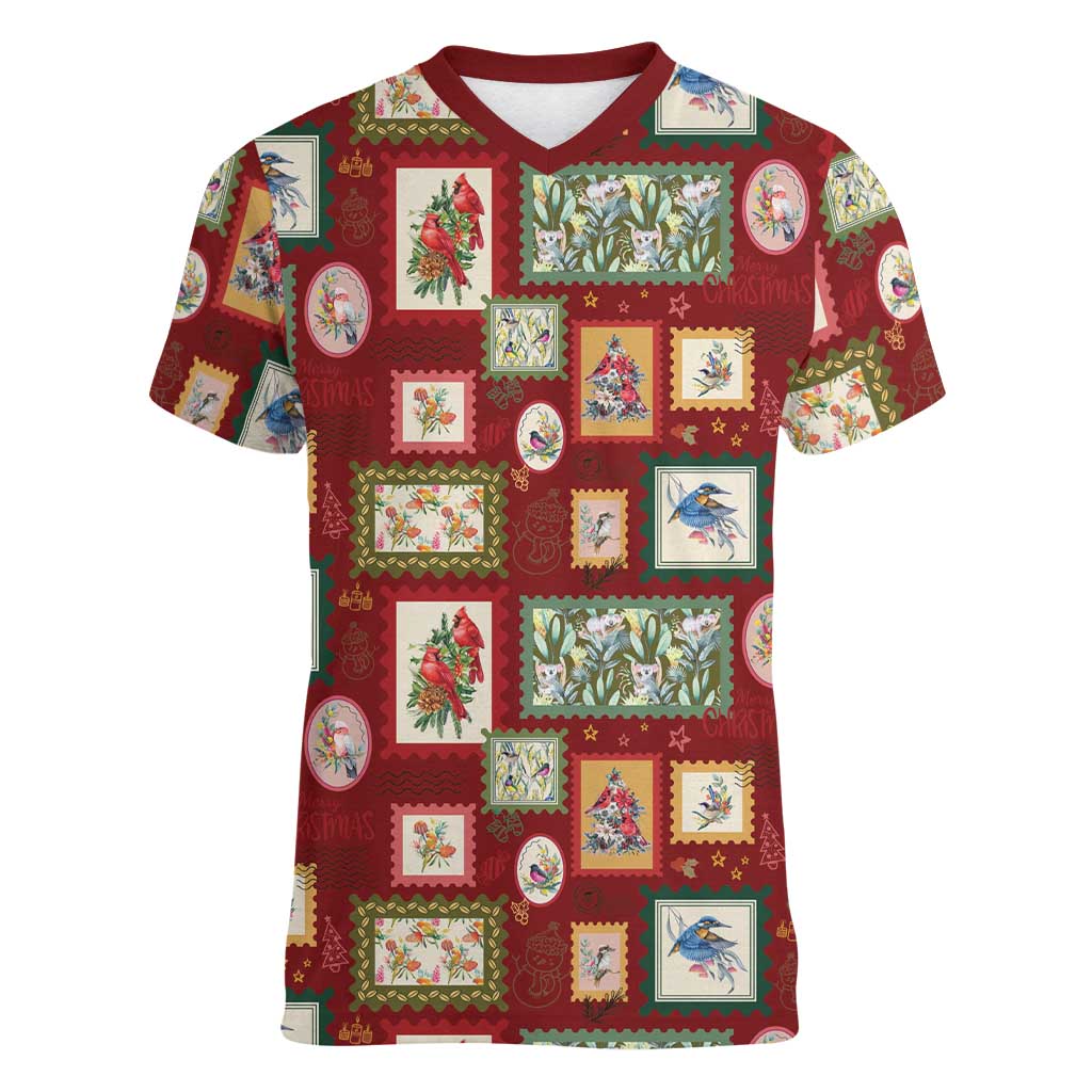 Aussie Birds Christmas La La Land Women V-Neck T-Shirt Red Vintage Stamp Edition - Aussie Hoodie