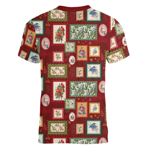 Aussie Birds Christmas La La Land Women V-Neck T-Shirt Red Vintage Stamp Edition - Aussie Hoodie