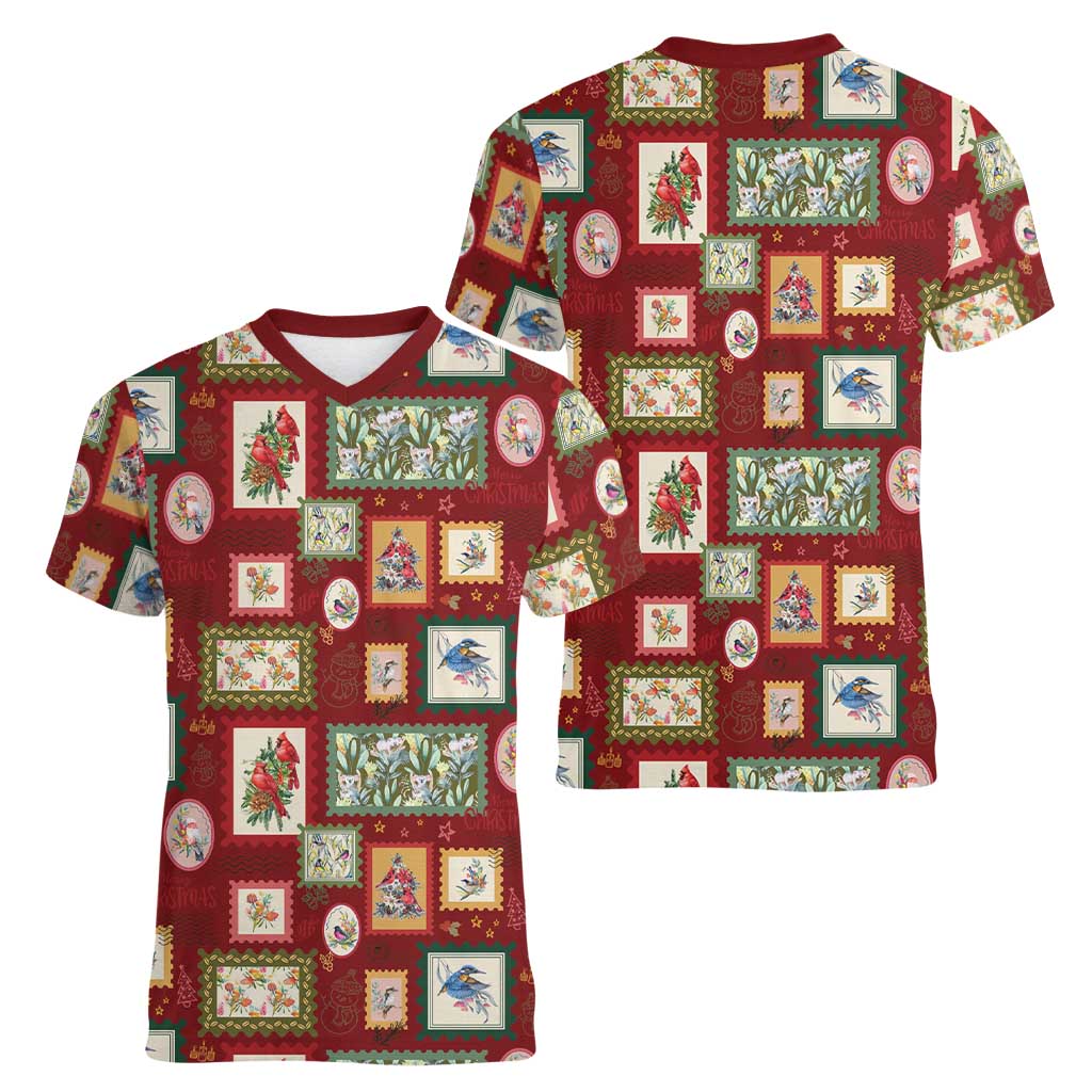 Aussie Birds Christmas La La Land Women V-Neck T-Shirt Red Vintage Stamp Edition - Aussie Hoodie