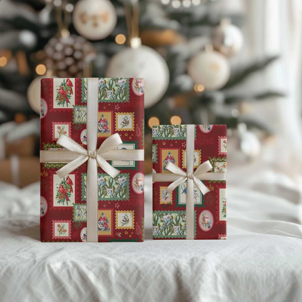 Aussie Birds Christmas La La Land Wrapping Paper Red Vintage Stamp Edition - Aussie Hoodie