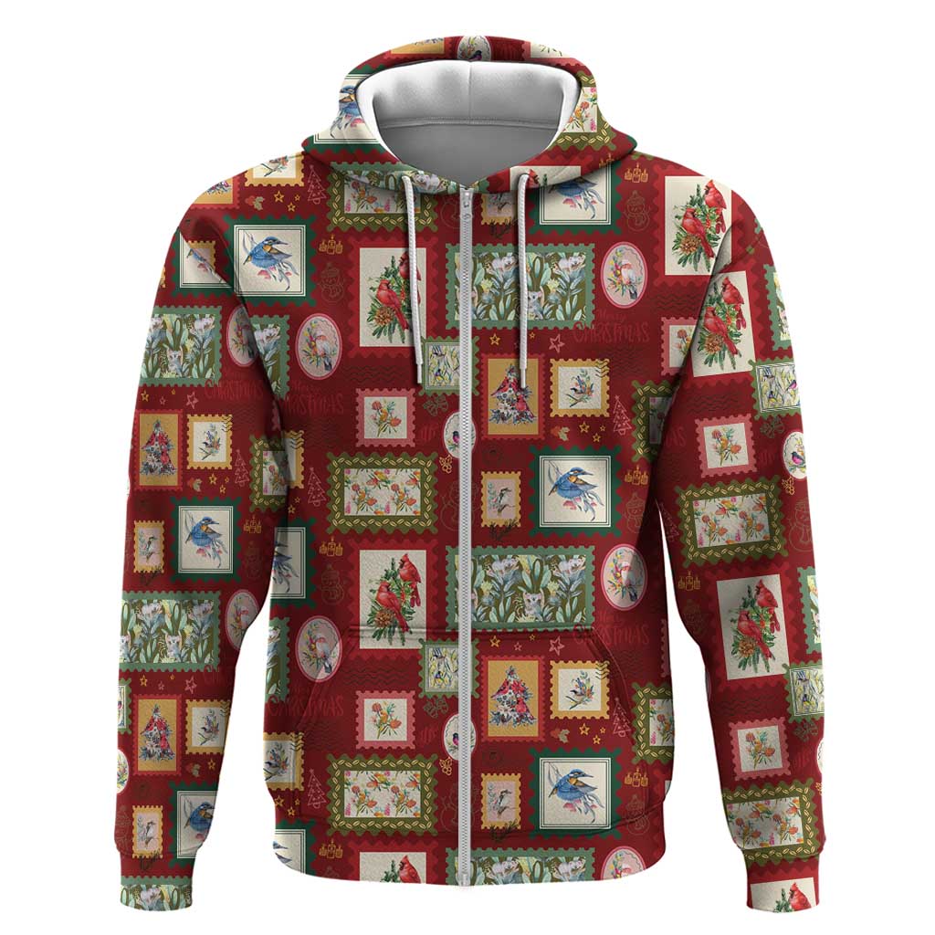 Aussie Birds Christmas La La Land Zip Hoodie Red Vintage Stamp Edition - Aussie Hoodie