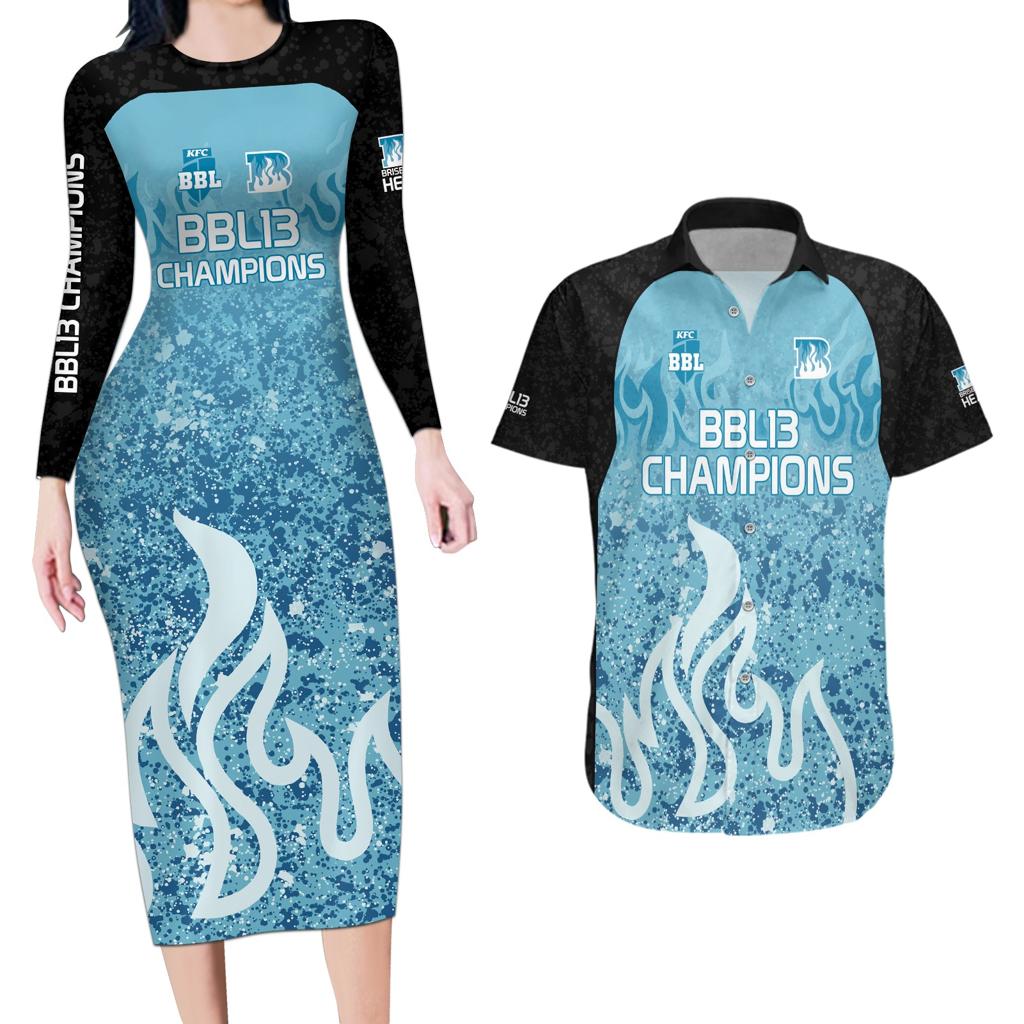 Custom Brisbane Heat Champions BBL13 Couples Matching Long Sleeve Bodycon Dress and Hawaiian Shirt