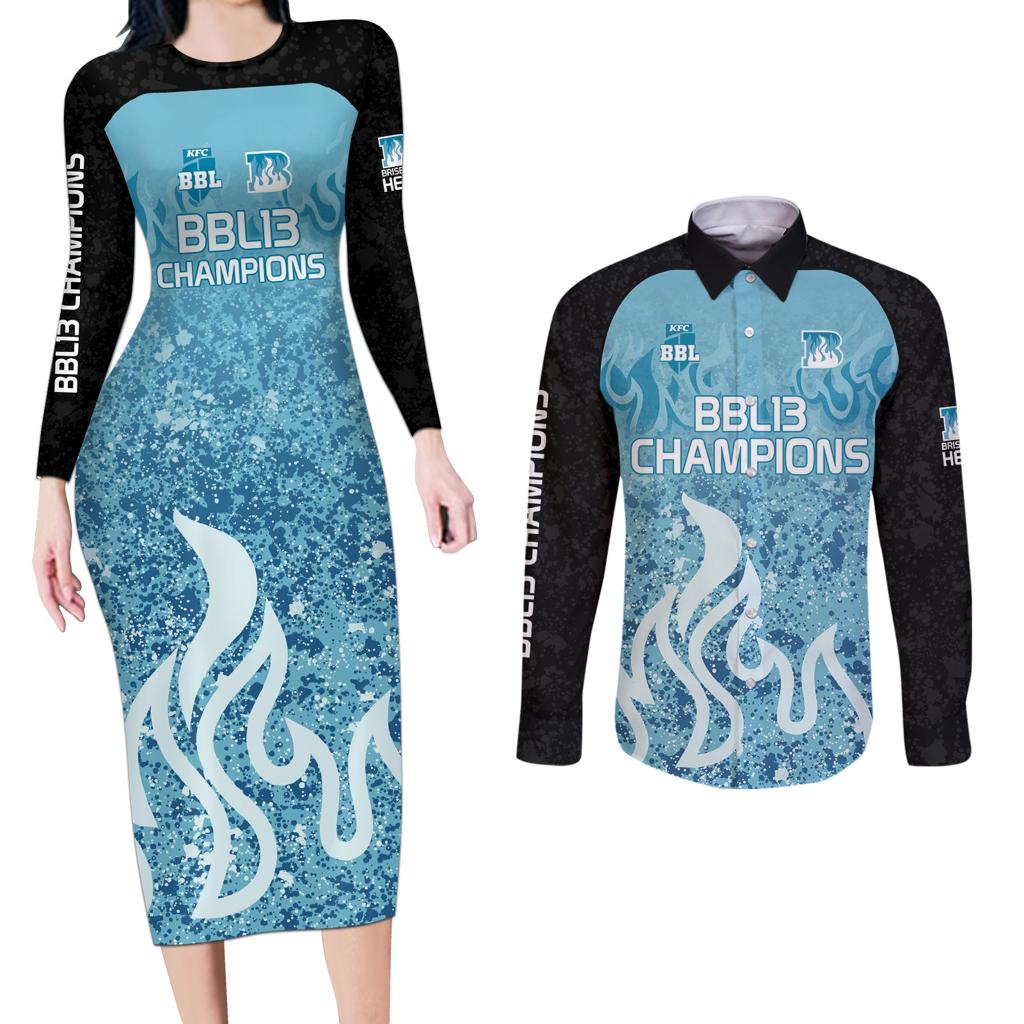 Custom Brisbane Heat Champions BBL13 Couples Matching Long Sleeve Bodycon Dress and Long Sleeve Button Shirt