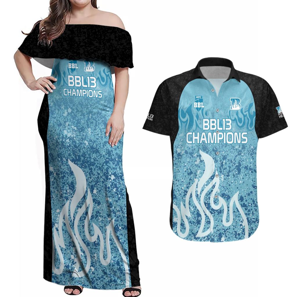 Custom Brisbane Heat Champions BBL13 Couples Matching Off Shoulder Maxi Dress and Hawaiian Shirt