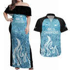 Custom Brisbane Heat Champions BBL13 Couples Matching Off Shoulder Maxi Dress and Hawaiian Shirt