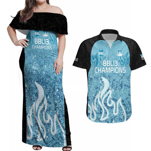 Custom Brisbane Heat Champions BBL13 Couples Matching Off Shoulder Maxi Dress and Hawaiian Shirt