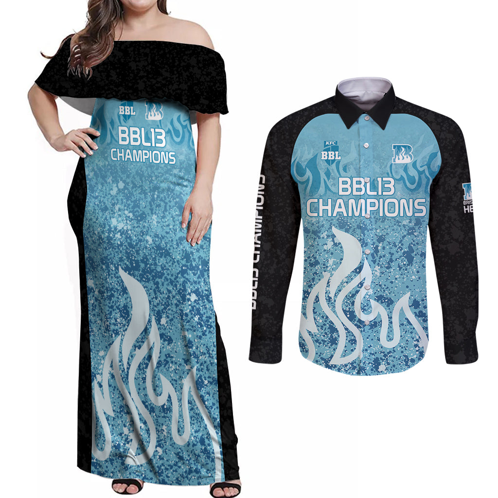 Custom Brisbane Heat Champions BBL13 Couples Matching Off Shoulder Maxi Dress and Long Sleeve Button Shirt