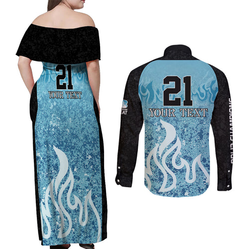 Custom Brisbane Heat Champions BBL13 Couples Matching Off Shoulder Maxi Dress and Long Sleeve Button Shirt