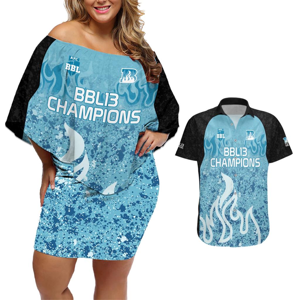 Custom Brisbane Heat Champions BBL13 Couples Matching Off Shoulder Short Dress and Hawaiian Shirt