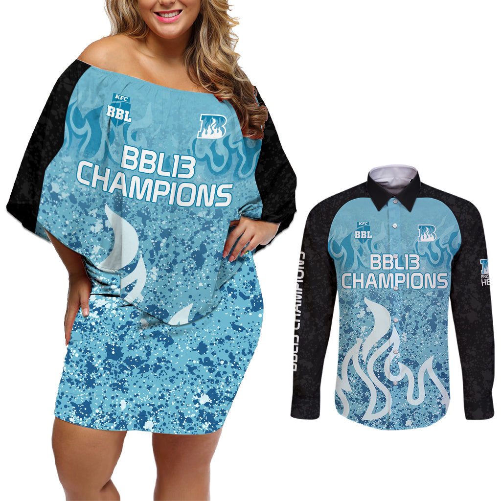 Custom Brisbane Heat Champions BBL13 Couples Matching Off Shoulder Short Dress and Long Sleeve Button Shirt