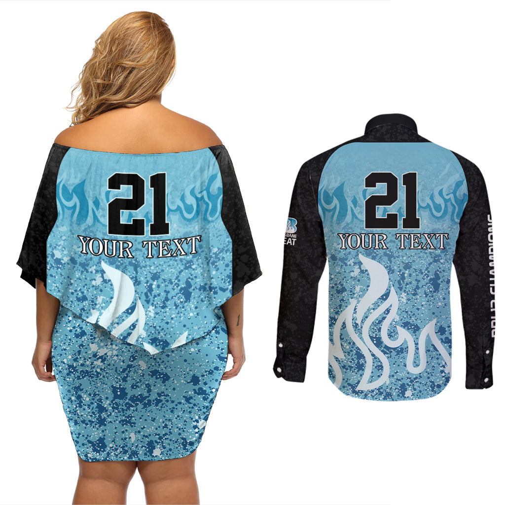Custom Brisbane Heat Champions BBL13 Couples Matching Off Shoulder Short Dress and Long Sleeve Button Shirt
