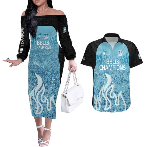 Custom Brisbane Heat Champions BBL13 Couples Matching Off The Shoulder Long Sleeve Dress and Hawaiian Shirt