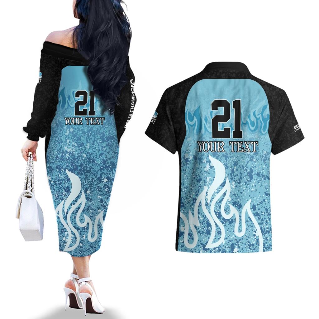 Custom Brisbane Heat Champions BBL13 Couples Matching Off The Shoulder Long Sleeve Dress and Hawaiian Shirt