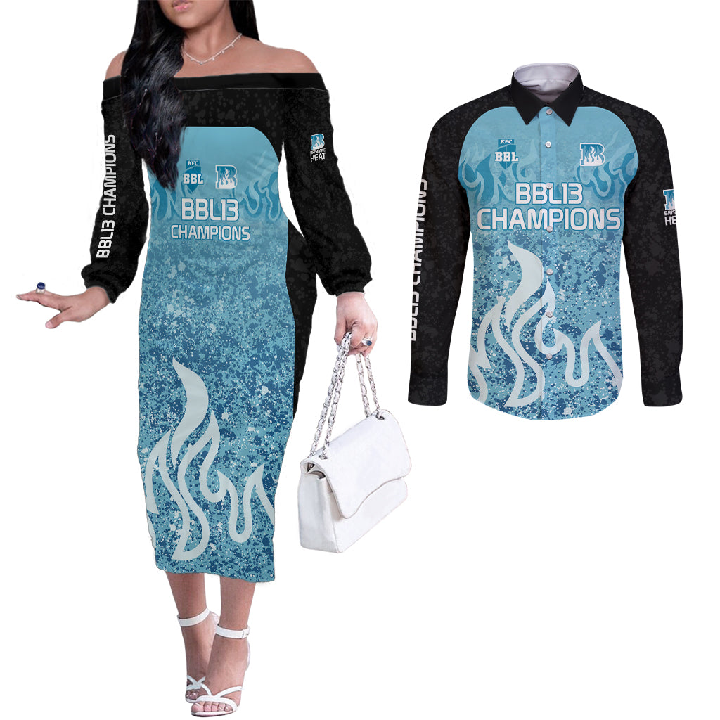Custom Brisbane Heat Champions BBL13 Couples Matching Off The Shoulder Long Sleeve Dress and Long Sleeve Button Shirt