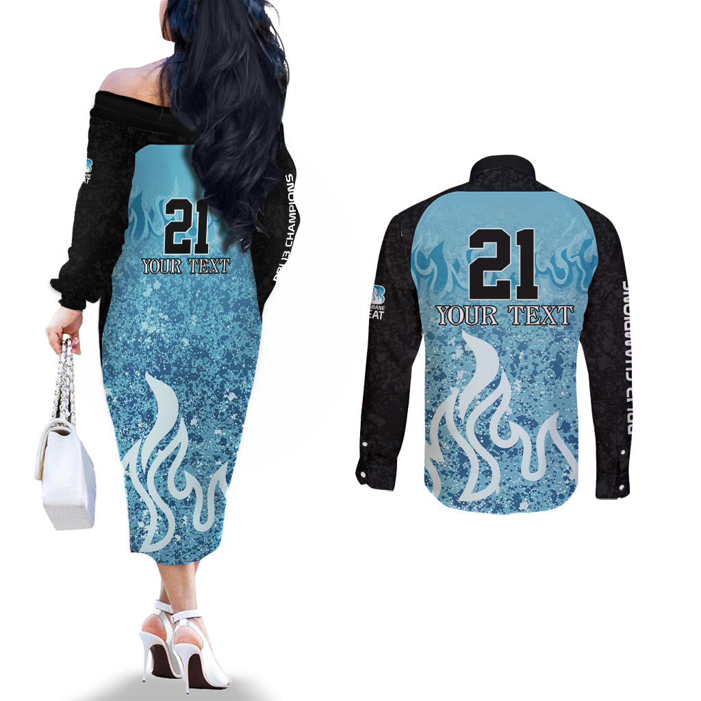 Custom Brisbane Heat Champions BBL13 Couples Matching Off The Shoulder Long Sleeve Dress and Long Sleeve Button Shirt