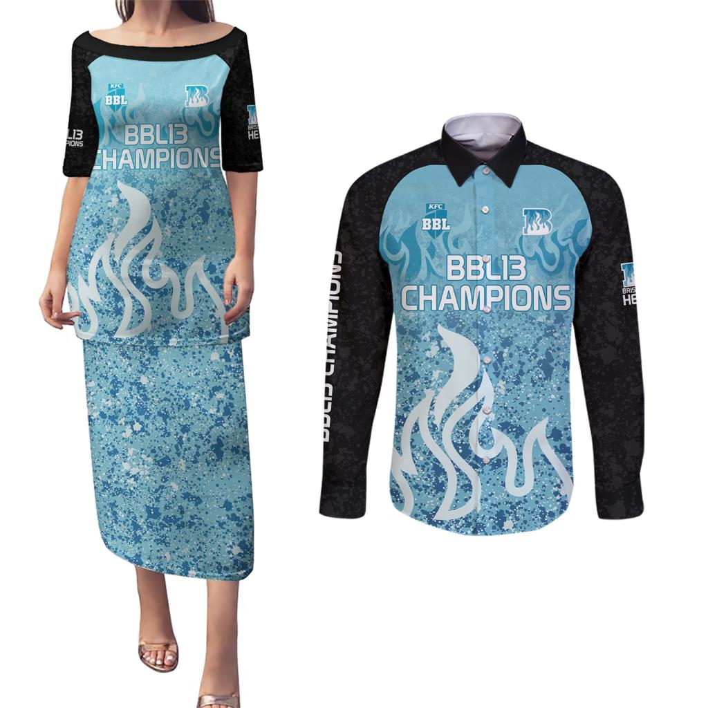 Custom Brisbane Heat Champions BBL13 Couples Matching Puletasi and Long Sleeve Button Shirt