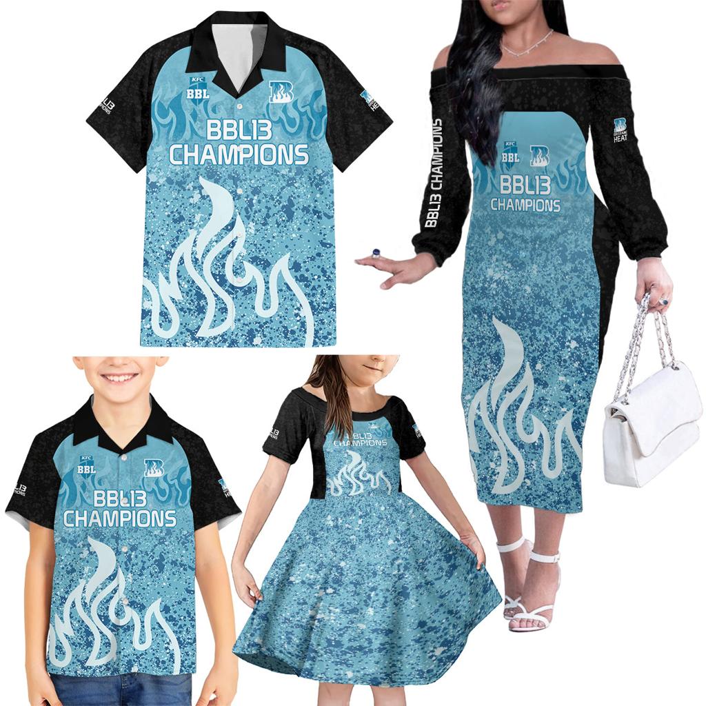 Custom Brisbane Heat Champions BBL13 Family Matching Off Shoulder Long Sleeve Dress and Hawaiian Shirt