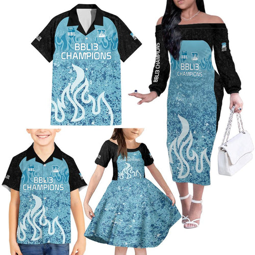 Custom Brisbane Heat Champions BBL13 Family Matching Off Shoulder Long Sleeve Dress and Hawaiian Shirt