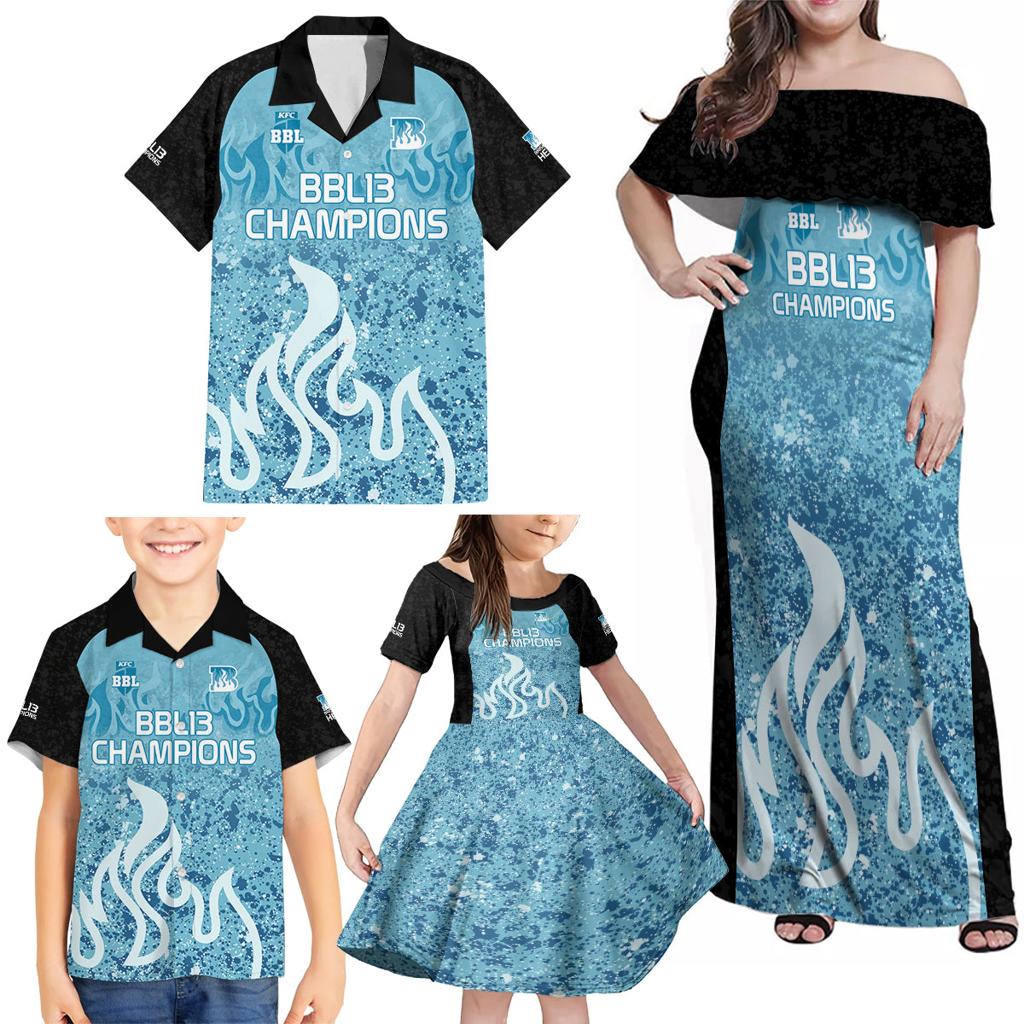 Custom Brisbane Heat Champions BBL13 Family Matching Off Shoulder Maxi Dress and Hawaiian Shirt