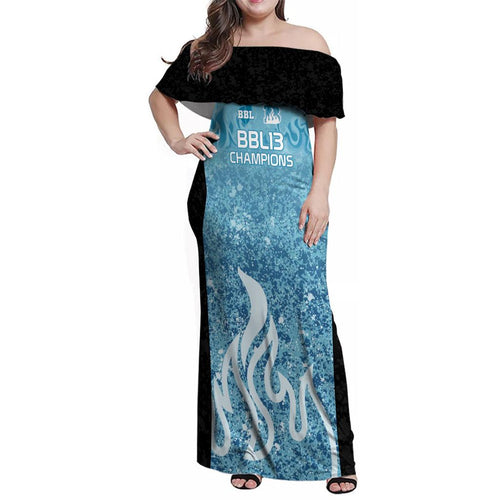 Custom Brisbane Heat Champions BBL13 Family Matching Off Shoulder Maxi Dress and Hawaiian Shirt