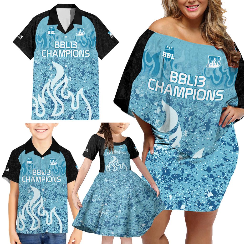 Custom Brisbane Heat Champions BBL13 Family Matching Off Shoulder Short Dress and Hawaiian Shirt