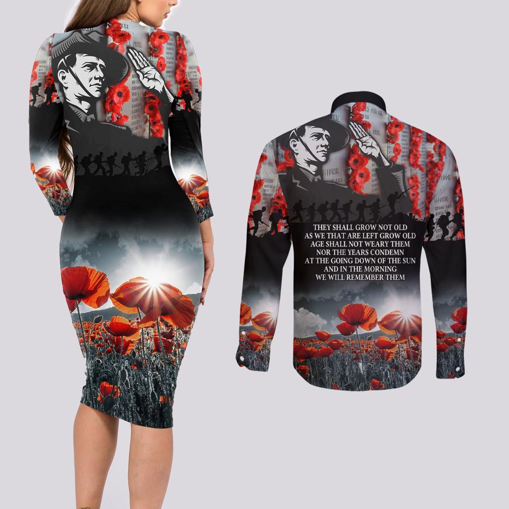 ANZAC DAY Heroes Of The Gallipoli Couples Matching Long Sleeve Bodycon Dress and Long Sleeve Button Shirt