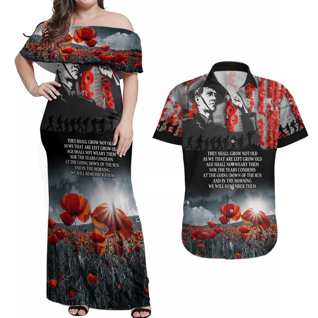 ANZAC DAY Heroes Of The Gallipoli Couples Matching Off Shoulder Maxi Dress and Hawaiian Shirt